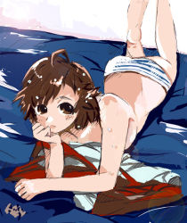Rule 34 | 00s, aoba tsugumi, brown eyes, brown hair, kannagi, lying, on stomach, panties, panties only, short hair, solo, striped clothes, striped panties, topless, underwear, underwear only