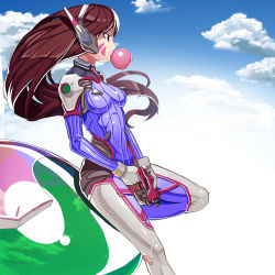 Rule 34 | 1girl, armor, blue sky, bodysuit, boots, bracer, breasts, breasts apart, brown eyes, brown hair, blowing bubbles, chewing gum, cloud, cloudy sky, covered navel, cowboy shot, d.va (overwatch), day, eyebrows, facial mark, from side, gloves, gun, handgun, headphones, hecha (buunntyoukyuu), highres, holding, holding gun, holding weapon, knee pads, knee up, leaning back, legs apart, long hair, long sleeves, looking away, matching hair/eyes, mecha, medium breasts, meka (overwatch), overwatch, overwatch 1, pauldrons, pilot suit, profile, ribbed bodysuit, robot, shoulder armor, shoulder pads, skin tight, sky, solo, standing, standing on one leg, tanukimaso, thigh boots, thigh strap, thighhighs, turtleneck, weapon, whisker markings, white footwear, white gloves