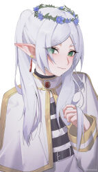Rule 34 | 1girl, chilakkk, earrings, elf, flower wreath, frieren, green eyes, highres, hikimayu, jewelry, long hair, looking at viewer, pointy ears, simple background, smile, solo, sousou no frieren, twintails, white background, white hair