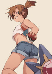 Rule 34 | 1girl, armpits, bare shoulders, blue eyes, blue shorts, brown hair, butt crack, creatures (company), crop top, crop top overhang, denim, denim shorts, fu-ta, game freak, gen 1 pokemon, grin, holding, long hair, looking at viewer, looking back, midriff, misty (pokemon), nintendo, poke ball, poke ball (basic), pokemon, pokemon (creature), pokemon lgpe, shirt, short shorts, shorts, side ponytail, simple background, sleeveless, sleeveless shirt, smile, starmie, thighs, twisted torso, white shirt