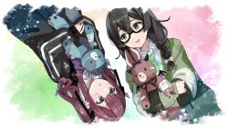 1girl :d :o binchou_maguro black-framed_eyewear black_hair black_jacket black_ribbon blue_eyes bow bowtie braid cevio collared_shirt commentary_request glasses green_bow green_bowtie green_eyes hair_bow hair_ribbon hanakuma_chifuyu highres hood hood_down hoodie hugging_object jacket long_hair long_sleeves medium_hair natsuki_karin neck_ribbon open_clothes open_hoodie open_mouth purple_bow purple_bowtie ribbon rotational_symmetry shirt smile stuffed_animal stuffed_rabbit stuffed_toy synthesizer_v twintails white_bow white_shirt