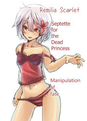 Rule 34 | 1girl, bare shoulders, blush, camisole, character name, contrapposto, english text, fang, female focus, flower, hair flower, hair ornament, navel, no wings, panties, panty pull, pointy ears, polka dot, red eyes, remilia scarlet, short hair, silver hair, sketch, solo, standing, strap slip, striped clothes, striped panties, touhou, underwear, underwear only, yoo (tabi no shiori)