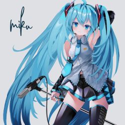 Rule 34 | 1girl, ahoge, arm behind head, arm up, armpits, bare shoulders, blue eyes, blue hair, blue nails, blush, breasts, character name, closed mouth, collared shirt, cowboy shot, detached sleeves, hair between eyes, hair ornament, hatsune miku, head tilt, headset, highres, holding, holding microphone stand, long hair, looking at viewer, microphone, microphone stand, midriff peek, nail polish, necktie, pleated skirt, shirt, simple background, skirt, small breasts, solo, takepon1123, thighhighs, twintails, very long hair, vocaloid