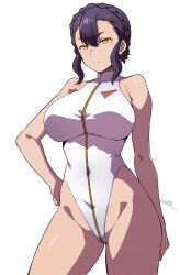 Rule 34 | 1girl, 2024, adapted costume, adapted uniform, alternate color, asticassia school uniform, batta 16-sei, braid, breasts, collared leotard, covered navel, curvy, gundam, gundam suisei no majo, hand on own hip, highleg, highleg leotard, highres, large breasts, leotard, looking at viewer, purple hair, sabina fardin, school uniform, short hair, signature, skin tight, sleeveless, solo, standing, thighs, twintails, white background, white leotard, wide hips, yellow eyes