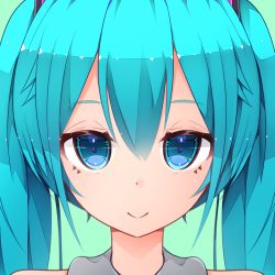 Rule 34 | 1girl, amepon, aqua hair, blue eyes, close-up, commentary, eyelashes, green background, hair between eyes, hair ornament, hatsune miku, long hair, looking at viewer, portrait, shadow, sidelocks, smile, solo, twintails, vocaloid