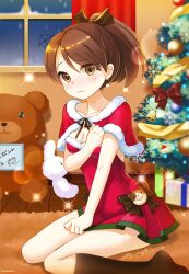 Rule 34 | 1girl, ai ai gasa, ayanami (kancolle), bell, blush, bow, box, breasts, brown eyes, brown hair, brown ribbon, brown socks, capelet, christmas, christmas tree, cleavage, closed mouth, commentary request, curtains, dress, earrings, fur-trimmed capelet, fur-trimmed dress, fur trim, gift, gift box, hair ribbon, hand up, highres, jewelry, kantai collection, kuzumochi (kuzumochiya), looking at viewer, pleated dress, ponytail, red bow, red capelet, red dress, ribbon, santa costume, shikinami (kancolle), sitting, small breasts, snow, snowing, socks, solo, strapless, strapless dress, stuffed animal, stuffed toy, teddy bear, translation request, wariza, wavy mouth, window, wooden floor