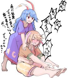 Rule 34 | 2girls, animal ears, blonde hair, blush, breasts, closed eyes, dress, full body, highres, long hair, medium breasts, medium hair, multiple girls, navel, open mouth, plump, purple dress, rabbit ears, red eyes, ringo (touhou), seiran (touhou), shinmon akika, short sleeves, shorts, simple background, sitting, small breasts, stretching, sweat, touhou, translation request, white background