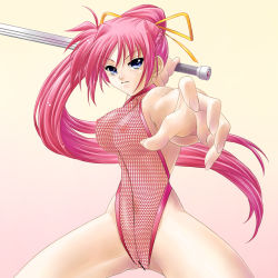 Rule 34 | 00s, 1girl, ayato, blue eyes, breasts, fishnet top, fishnets, laevatein (nanoha), long hair, lyrical nanoha, mahou shoujo lyrical nanoha, mahou shoujo lyrical nanoha strikers, pink hair, ponytail, see-through, signum, solo, sword, weapon