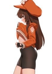 Rule 34 | 1girl, breasts, brown hair, clothes lift, flasso, guilty gear, guilty gear strive, gym shorts, hat, highres, hood, hoodie, hoodie lift, may (guilty gear), orange hat, shirt lift, shorts, solo, sweat, underboob, white background