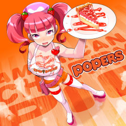 Rule 34 | 1girl, bag, bandages, belt, blush, boots, brand name imitation, breasts, cherry pie, cleavage, clothes writing, employee uniform, food, food on body, fruit, hair ornament, hand on own hip, handbag, heart, highres, hooters, large breasts, looking at viewer, milk (pop&#039;n music), open mouth, osamu yagi, pie, pink hair, plate, pop&#039;n music, red eyes, short hair, short shorts, shorts, smile, solo, strawberry, tank top, tears, thigh boots, thighhighs, twintails, uniform