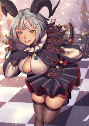Rule 34 | 1girl, warrior of light (ff14), blurry, blurry background, breasts, center opening, checkered floor, downblouse, dress, facial mark, fictional persona, final fantasy, final fantasy xiv, gloves, green eyes, grin, hand up, highres, horns, kneehighs, leaning forward, lips, long sleeves, looking at viewer, medium hair, miqo&#039;te, multicolored hair, neck ruff, outdoors, outstretched arm, outstretched hand, puffy long sleeves, puffy sleeves, short dress, skindentation, slit pupils, smile, socks, solo, spread fingers, tail, udongo99, veins, veiny breasts, veiny thighs, whisker markings