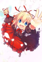 Rule 34 | 1girl, :d, ^ ^, arm up, blonde hair, blue eyes, blush, closed eyes, closed eyes, female focus, from above, hair ribbon, kaiza (rider000), looking up, medicine melancholy, open mouth, outstretched arms, petals, ribbon, smile, solo, su-san, touhou