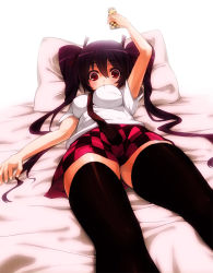 Rule 34 | 1girl, akanagi youto, bad id, bad pixiv id, bed, black thighhighs, brown hair, cellphone, checkered clothes, checkered skirt, female focus, hat, himekaidou hatate, impossible clothes, impossible shirt, long hair, lying, on back, phone, pillow, red eyes, shirt, skirt, solo, thighhighs, tokin hat, touhou, twintails, zettai ryouiki