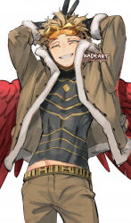 Rule 34 | 1boy, arms behind head, belt, blonde hair, boku no hero academia, brown jacket, brown pants, contrapposto, costume, cowboy shot, eyewear on head, facial hair, facial mark, feathered wings, feathers, fur-trimmed jacket, fur trim, gloves, goatee, half-closed eyes, hawks (boku no hero academia), headphones, initial, jacket, kadeart, looking at viewer, male focus, midriff peek, pants, red feathers, red wings, rimless eyewear, shirt, short hair, simple background, skin tight, smile, solo, stubble, tight clothes, tight shirt, tinted eyewear, toned, toned male, twitter username, v, white background, wings, yellow eyes