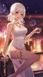 Rule 34 | 1girl, anklet, bare arms, bare shoulders, bracelet, breasts, city lights, cityscape, cup, dress, drinking glass, earrings, girl cafe gun, highres, holding, holding cup, hoop earrings, jewelry, large breasts, lida romero, looking at viewer, medium hair, necklace, night, official art, open mouth, red eyes, ribbed dress, rooftop, shibano kaito, side slit, silver hair, sleeveless, sleeveless dress, smile, solo, sparkle, thighs, white dress