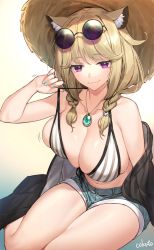 Rule 34 | 1girl, animal ear fluff, animal ears, arknights, artist name, bare legs, bikini, bikini top only, black jacket, blonde hair, blue background, blue nails, blue shorts, blush, braid, breasts, cleavage, closed mouth, cokuto1, collarbone, commentary, eyewear on head, fang, full body, gradient background, hat, highres, jacket, jewelry, large breasts, looking at viewer, medium hair, midriff, motion lines, nail polish, navel, necklace, off shoulder, official alternate costume, open clothes, open jacket, pendant, purple eyes, round eyewear, sagging breasts, short shorts, shorts, signature, simple background, sitting, skin fang, smile, solo, strap pull, straw hat, striped bikini, striped clothes, sunglasses, swimsuit, swimsuit cover-up, thighs, tinted eyewear, twin braids, twintails, two-tone background, utage (arknights), utage (summer flowers) (arknights), white background, white bikini, yokozuwari