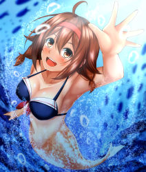 Rule 34 | ahoge, armpits, bare arms, bare shoulders, bikini, bikini top only, breasts, brown eyes, brown hair, bubble, collarbone, commission, fins, fish tail, hair between eyes, hair ornament, hairband, hands up, kantai collection, large breasts, looking up, mermaid, monster girl, monsterification, open mouth, shiratsuyu (kancolle), skeb commission, solo, swimsuit, tail, tan, underwear, zanntetu