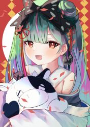 Rule 34 | 1girl, :d, bad id, bad pixiv id, bare shoulders, black bow, black kimono, blush, bow, brown eyes, commentary, double bun, fang, green hair, hair bow, hair bun, highres, hololive, hugging object, japanese clothes, kimono, long hair, looking at viewer, multicolored hair, new year, off shoulder, open mouth, pink hair, smile, solo, streaked hair, stuffed animal, stuffed cow, stuffed toy, uruha rushia, uruha rushia (new year), virtual youtuber, yuzuno kaori