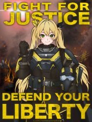 Rule 34 | armor, belt pouch, black armor, black ribbon, blonde hair, clenched hand, dirty, dirty face, dokibird (vtuber), earrings, english text, fiery background, fire, green eyes, hair ribbon, helldivers (series), helmet, highres, indie virtual youtuber, jewelry, looking at viewer, nemesisforsaken, pouch, power armor, propaganda, raised fist, ribbon, science fiction, signature, single earring, skull, smile, smoke, twintails, twitter username, unworn headwear, unworn helmet, virtual youtuber, yellow ribbon