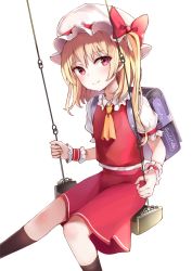 Rule 34 | 1girl, absurdres, ascot, backpack, bag, black legwear, blonde hair, blush, calf socks, character name, commentary, feet out of frame, flandre scarlet, flat chest, hat, hat ribbon, highres, leg lift, looking at viewer, mob cap, one side up, puffy short sleeves, puffy sleeves, randoseru, red eyes, red skirt, red vest, ribbon, satori (kxdm8872), shirt, short hair, short sleeves, simple background, sitting, skirt, smile, solo, swing, touhou, vest, white background, white hat, white shirt, wrist cuffs, yellow ascot