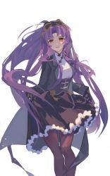 Rule 34 | 1girl, absurdres, black gloves, bow, china dress, chinese clothes, curtained hair, dress, eiyuu densetsu, gloves, hair bow, highres, holding, holding clothes, holding dress, kuro no kiseki, kuro no kiseki ii, lipstick, long hair, looking at viewer, makeup, purple hair, sidelocks, simple background, smile, solo, thighhighs, very long hair, white background, yazawa yuki, yellow eyes
