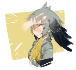 Rule 34 | 10s, 1girl, bird wings, blush, breasts, closed mouth, from side, grey hair, hair ornament, hand in own hair, head wings, jacket, kare huang, kemono friends, shoebill (kemono friends), short hair, simple background, upper body, wings, yellow eyes