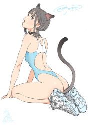 Rule 34 | 1girl, animal ears, black hair, blush, cat ears, cat tail, highres, iseki shuuichi, open mouth, original, simple background, sitting, solo, sportswear, swimsuit, tail, white background