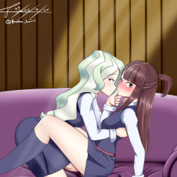 Rule 34 | 2girls, :o, absurdres, ass, blush, breasts, brown eyes, brown hair, clothes, couch, diana cavendish, futa with female, futanari, grabbing, grabbing another&#039;s chin, green hair, highres, kagari atsuko, kneehighs, little witch academia, long hair, looking to the side, multicolored hair, multiple girls, pale skin, school uniform, signature, skirt, sleeve cuffs, small breasts, socks, t-mimi, uniform, vaginal, white sleeves