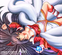 Rule 34 | 1girl, ahri (league of legends), animal ears, artist name, bad id, bad pixiv id, black hair, breasts, character name, cleavage, copyright name, detached sleeves, facial mark, fox ears, fox tail, hair spread out, large breasts, league of legends, long hair, lying, multiple tails, on back, orb, ranken, smile, solo, tail, whisker markings, yellow eyes