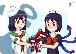 Rule 34 | 2girls, ahoge, anchor, asymmetrical wings, bad id, bad pixiv id, black hair, blush, de devil, hat, highres, holding, holding stuffed toy, holding toy, houjuu nue, multiple girls, murasa minamitsu, sailor collar, sailor hat, short hair, short sleeves, signature, stuffed toy, touhou, toy, white background, wings
