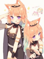 Rule 34 | 1girl, :q, aged down, animal ear fluff, animal ears, arm up, armlet, black cape, black dress, blue hair, blush, cape, cat ears, chibi, chibi inset, closed mouth, cosplay, detached sleeves, dress, gradient hair, highres, hololive, hololive english, kuri (animejpholic), long hair, looking at viewer, mori calliope, mori calliope (cosplay), multicolored hair, orange hair, purple eyes, see-through, see-through sleeves, simple background, takanashi kiara, tiara, tongue, tongue out, v, virtual youtuber, white background