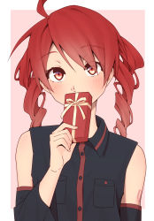 Rule 34 | 1girl, ahoge, bare shoulders, black shirt, black sleeves, breast pocket, commentary, covering own mouth, detached sleeves, drill hair, gift, hand up, highres, holding, holding gift, kasane teto, light blush, looking at viewer, medium hair, pink background, pocket, red eyes, red hair, shirt, shoulder tattoo, simple background, sleeveless, sleeveless shirt, solo, tattoo, twin drills, upper body, utau, valentine, yasutange