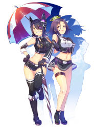 Rule 34 | 10s, 2girls, alternate costume, bare legs, bare shoulders, black gloves, black legwear, blush, boots, breasts, closed umbrella, contrapposto, crop top, detached sleeves, eyepatch, full body, gloves, grin, hand on own hip, highres, horosuke, kantai collection, large breasts, legs, looking at viewer, microskirt, midriff, mole, mole under eye, multiple girls, navel, necktie, parted lips, purple eyes, purple hair, race queen, revision, short hair, short shorts, shorts, simple background, skirt, smile, standing, tatsuta (kancolle), tenryuu (kancolle), thigh strap, thighhighs, umbrella, white background, yellow eyes
