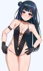 Rule 34 | 1girl, arm belt, belt collar, black gloves, black one-piece swimsuit, blue hair, blush, breasts, collar, earrings, gloves, grin, hair bun, halterneck, hands on own hips, highres, igarashi kyouhei, jewelry, large breasts, legs together, long hair, looking at viewer, love live!, love live! sunshine!!, one-piece swimsuit, side bun, simple background, single side bun, skindentation, skull earrings, smile, solo, standing, swimsuit, tsushima yoshiko, white background