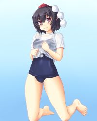 Rule 34 | 1girl, barefoot, black hair, blush, gym uniform, hat, isaki (gomi), kneeling, legs, looking at viewer, pointy ears, pom pom (clothes), red eyes, school swimsuit, shameimaru aya, short hair, smile, solo, swimsuit, swimsuit under clothes, tokin hat, touhou, undressing, wet, wet clothes
