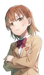 Rule 34 | 1girl, absurdres, aged down, artist request, blazer, bob cut, bow, bowtie, breasts, brown eyes, brown hair, brown jacket, commentary, crossed arms, from below, frown, furrowed brow, gekota, hair ornament, hairclip, highres, jacket, looking at viewer, looking down, misaka mikoto, official art, red bow, red bowtie, school uniform, short hair, simple background, small breasts, solo, sweatdrop, toaru kagaku no railgun, toaru majutsu no index, tokiwadai school uniform, upper body, v-shaped eyebrows, white background