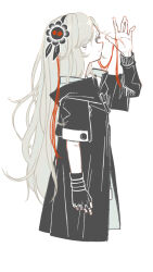 Rule 34 | 1girl, arm at side, asymmetrical sleeves, black coat, black flower, black gloves, black hairband, closed mouth, coat, commentary request, cropped legs, fingerless gloves, flower, from side, gloves, grey eyes, grey hair, hair flower, hair ornament, hairband, hand up, high collar, highres, isekai joucho, kamitsubaki studio, light smile, long sleeves, looking at viewer, looking to the side, multicolored hair, profile, red hair, simple background, single fingerless glove, single glove, solo, streaked hair, uewtsol, uneven sleeves, virtual youtuber, white background, zipper pull tab
