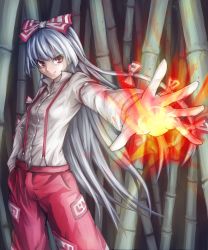 Rule 34 | 1girl, absurdres, arm strap, bamboo, bamboo forest, breasts, fire, forest, fujiwara no mokou, funami dingo, hair ribbon, hand in pocket, highres, light smile, long hair, looking at viewer, nature, ofuda, pants, red eyes, ribbon, shirt, silver hair, small breasts, solo, suspenders, touhou, tress ribbon, very long hair