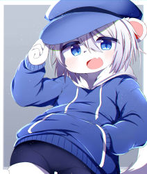 Rule 34 | 1girl, absurdres, adjusting clothes, adjusting headwear, bike shorts, blue eyes, blue hoodie, border, chromatic aberration, fang, female focus, furry, furry female, gradient background, grey background, hand in pocket, hat, highres, hood, hoodie, ne (nefuraito336), open mouth, original, short shorts, shorts, solo, white border, white hair