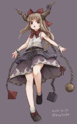 Rule 34 | 1girl, :o, ball and chain restraint, belt, black belt, bow, bowtie, brown footwear, chain, commentary request, dated, full body, grey background, hair bow, hair ribbon, highres, horn bow, horn ornament, horns, ibuki suika, kagikake, light blush, light brown hair, loafers, long hair, looking at viewer, low-tied long hair, open mouth, purple bow, purple skirt, red bow, red bowtie, red eyes, red ribbon, ribbed legwear, ribbon, ribbon-trimmed skirt, ribbon trim, shirt, shoes, simple background, skirt, sleeveless, sleeveless shirt, slit pupils, socks, solo, torn clothes, torn sleeves, touhou, tress ribbon, twitter username, white shirt, white socks, wrist cuffs