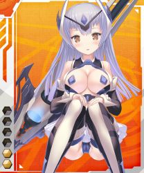 Rule 34 | 00s, 1girl, :o, android, bare shoulders, blue panties, blush, breasts, breasts out, card (medium), card (orange-r), card (r), cleavage, cleavage cutout, clothing cutout, crop top, detached sleeves, female focus, gradient background, halterneck, hands on own knees, headgear, homura yuni, huge weapon, large breasts, lilith-soft, long hair, looking at viewer, luna (taimanin asagi), microskirt, official art, open mouth, orange background, orange eyes, panties, pantyshot, pasties, pleated skirt, silver hair, sitting, skirt, solo, taimanin (series), taimanin asagi, taimanin asagi battle arena all card gallery, taimanin asagi kessen arena, thighhighs, underwear, weapon