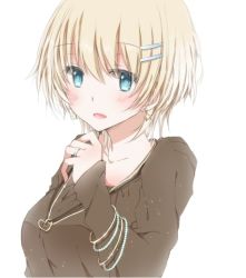 Rule 34 | 1girl, backlighting, bad id, bad pixiv id, blonde hair, blue eyes, blush, bracelet, earrings, hair ornament, hairclip, hiro (hirohiro31), jewelry, long sleeves, looking at viewer, necklace, open mouth, original, pendant, ring, short hair, smile, solo, upper body