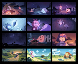 Rule 34 | blue sky, cabin, cloud, crystal, dress, fence, grass, kirby, kirby (series), kirby 64, looking at another, nathalie fourdraine, nintendo, pink hair, red dress, ribbon, ribbon (kirby), road, shooting star, sky, smile, star (sky), starry sky, waddle dee