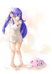 Rule 34 | 1girl, adjusting hair, barefoot, blue eyes, blue hair, blush, blush stickers, bottomless, cat, character doll, charle (fairy tail), child, closed eyes, fairy tail, happy (fairy tail), hug, joyfulman, long hair, lying, on side, sleeping, smile, tail, tying hair, wendy marvell