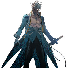 Rule 34 | 1boy, blue coat, coat, collarbone, devil may cry (series), hair slicked back, holding, holding sword, holding weapon, katana, lower teeth only, male focus, mlxgdog, parted lips, scabbard, shaded face, sheath, simple background, solo, standing, sword, teeth, vergil (devil may cry), weapon, white background, white hair