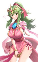 Rule 34 | 1girl, ?, absurdres, blush, breasts, brooch, commentary request, confused, cowboy shot, crown, dragonstone, dress, dress tug, fire emblem, fire emblem awakening, fire emblem heroes, gonzarez, green eyes, green hair, highres, jewelry, large breasts, long hair, nintendo, official alternate costume, open mouth, pink dress, pointy ears, ponytail, pulling, short dress, sideboob, sidelocks, simple background, solo, standing, thighs, tiara, tiki (adult) (fire emblem), tiki (fire emblem), white background