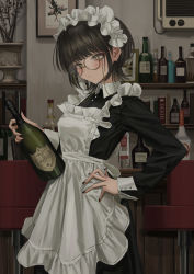 Rule 34 | 1girl, :|, absurdres, air conditioner, alcohol, apron, bad id, bad twitter id, black dress, black hair, black nails, blunt bangs, blush, breasts, closed mouth, collared dress, cowboy shot, dress, frilled apron, frills, gishiki (gshk), glasses, green eyes, hand on own hip, highres, holding, indoors, maid apron, maid headdress, medium breasts, nail polish, original, picture frame, plant, profanity, short hair, solo, standing, stool, vase, waitress, wine
