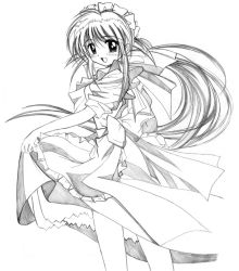 Rule 34 | 1girl, andou mahoro, apron, bow, greyscale, hair bow, long hair, mahoromatic, maid, maid apron, maid headdress, monochrome, ponytail, sketch, smile, solo, traditional media