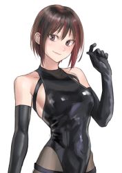 Rule 34 | 1girl, bare shoulders, black gloves, black hair, blush, brown eyes, brown hair, closed mouth, competition swimsuit, elbow gloves, gloves, hand up, highres, kilye kairi, looking at viewer, multicolored hair, one-piece swimsuit, original, red hair, short hair, simple background, smile, solo, streaked hair, swimsuit, upper body, white background