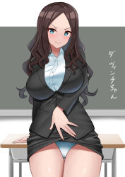 Rule 34 | 1girl, black hair, black skirt, black suit, blue eyes, breasts, chalkboard, clothes lift, collared shirt, desk, fate/grand order, fate (series), formal, highres, large breasts, leonardo da vinci (fate), lifted by self, long hair, long sleeves, miniskirt, panties, parted bangs, school desk, shirt, skirt, skirt lift, skirt suit, smile, solo, suit, teacher, thighs, translated, underwear, white panties, white shirt, yuzu kiro